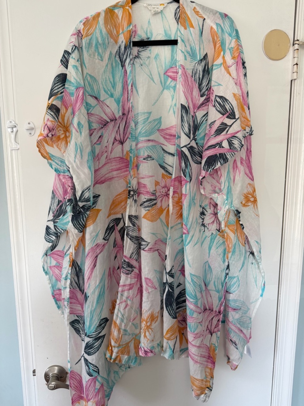 C&C California Linen Floral Kimono in Teal, Pink & Orange resort wear